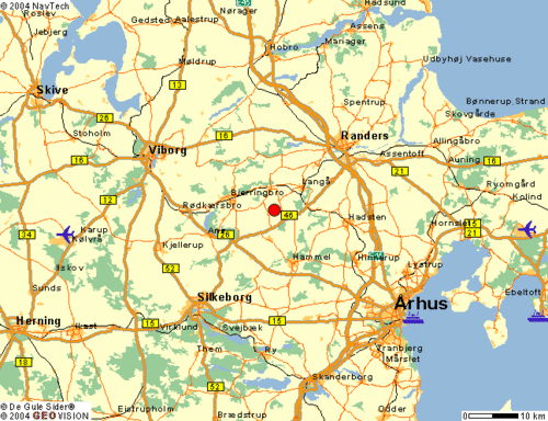 Kort Østjylland, Vellevgård er ved den RØDE prik.
